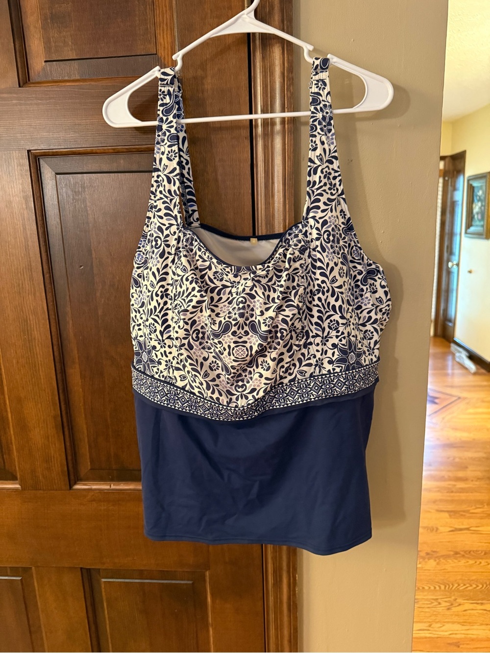 Lands' End Navy and White Swim Top